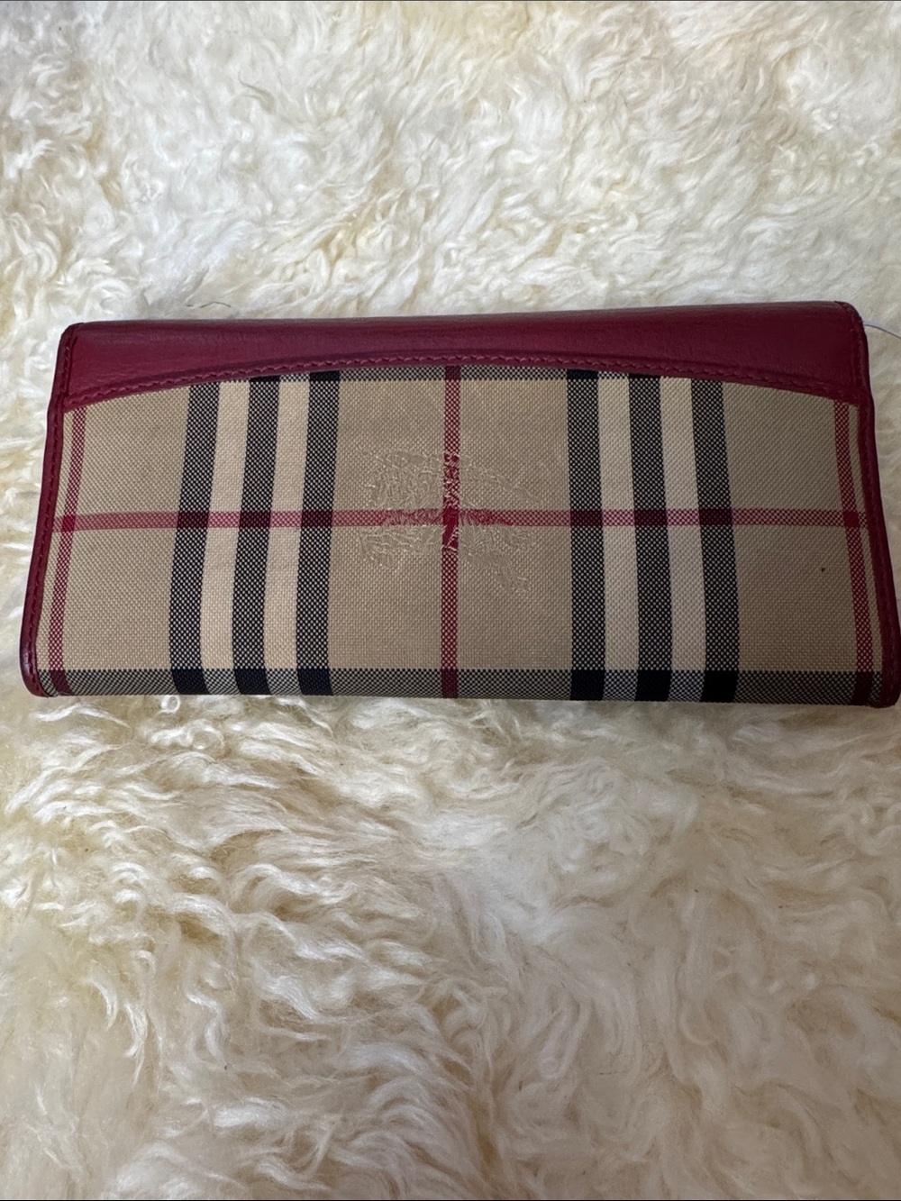 Burberry Burgundy Leather & Beige Check Continental Wallet - Picture 4 of 8